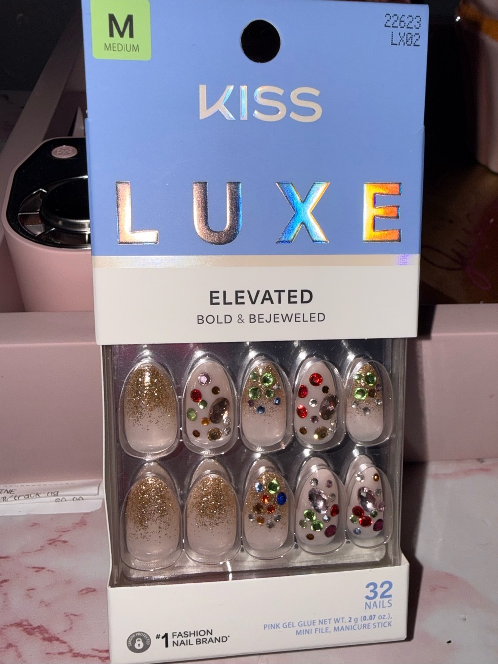 KISS LUXE Bejeweled Press-On Nails - Pale Pink, Gold & Multicolor Gems